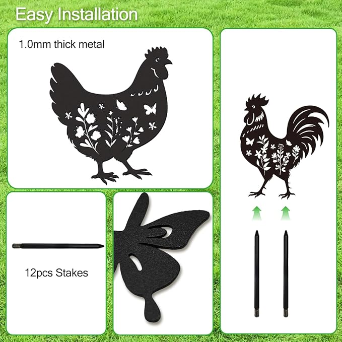 Chicken Garden Stake Outdoor Yard Decor – Set of 6 Metal Chicken Lawn Ornament, Women/Men Rooster Lover Gift, Weather-Resistant Silhouette Statues Yard Art for Patio
