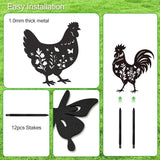 Chicken Garden Stake Outdoor Yard Decor – Set of 6 Metal Chicken Lawn Ornament, Women/Men Rooster Lover Gift, Weather-Resistant Silhouette Statues Yard Art for Patio