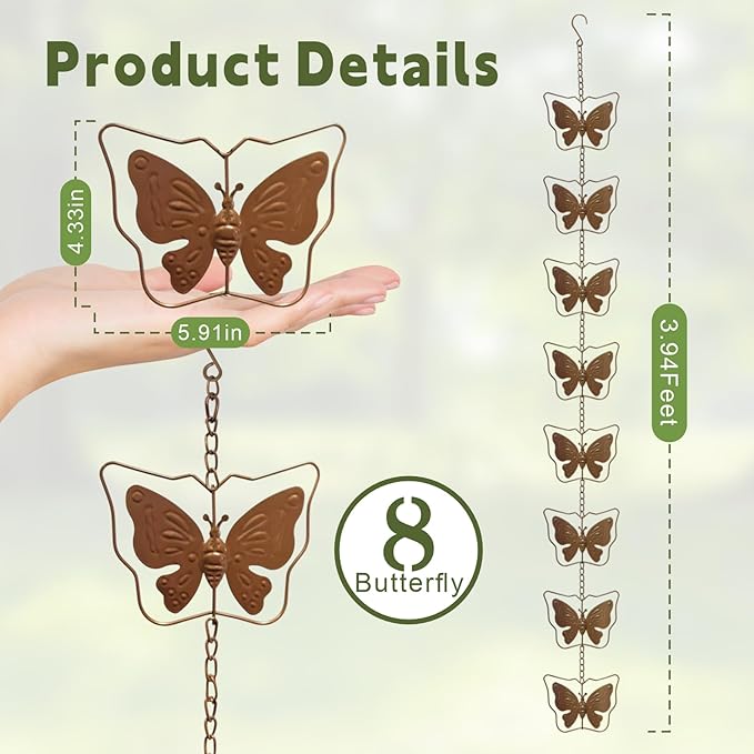 Metal Butterfly Rain Chain for Gutters, Rust Resistant Outdoor Rain Catcher, Perfect for Heavy Rain, Indoor/Outdoor Decoration, Dark Bronze Finish