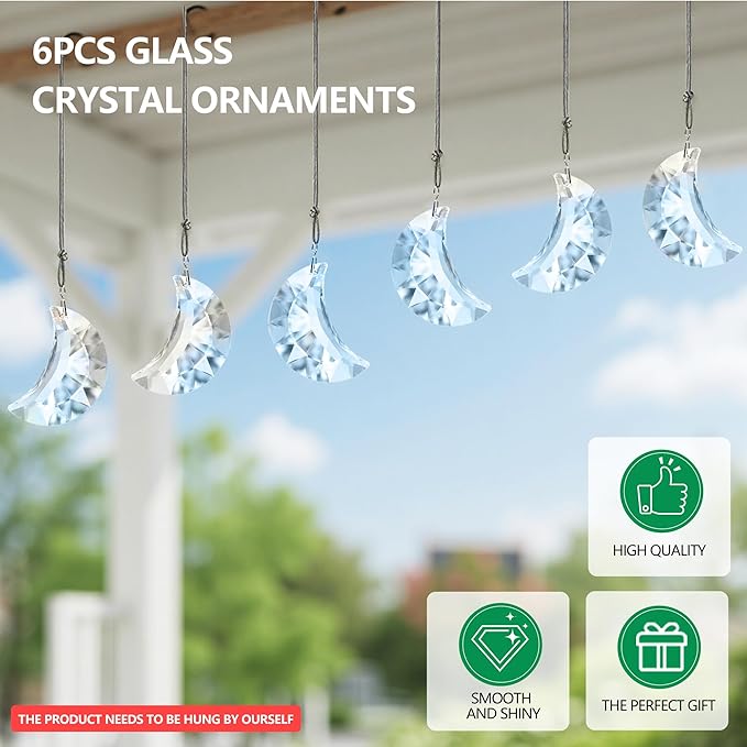 Set of 6 Crystal Glass Hanging Ornaments Clear Faceted Crystal Moon Prisms Ornaments for Window Home Car Wedding Party Decor
