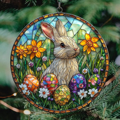 Vivid Mosaic Easter Bunny Art Acrylic Suncatcher Stained Glass Effect Window Car Hanging Christmas Ornament Indoor Outdoor Decor Garden Sun Catcher Panel for Easter Lover for Women Mom Grandma