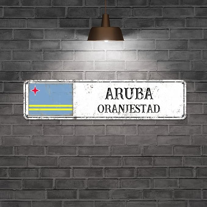 Personalized Aruba Street Sign Aruba Flag Metal Sign Capital City of Aruba Metal Sign Road Vintage Metal Wall Art Rustic Country City Indoor & Outdoor Decor for Home Man Cave Door Porch 24x6inch