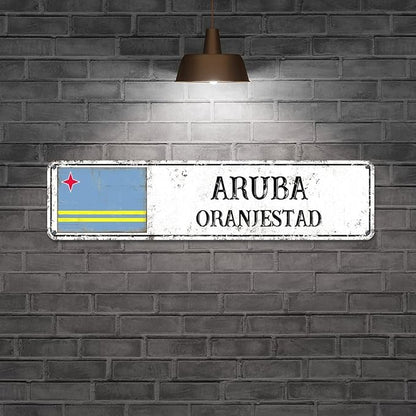 Personalized Aruba Street Sign Aruba Flag Metal Sign Capital City of Aruba Metal Sign Road Vintage Metal Wall Art Rustic Country City Indoor & Outdoor Decor for Home Man Cave Door Porch 24x6inch