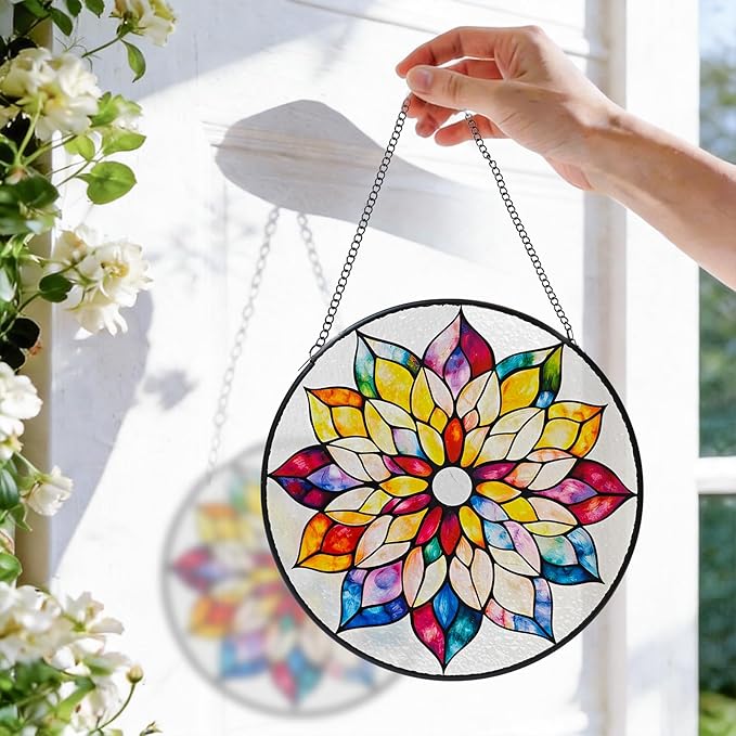 8'' Colorful Mandala Stained Glass Window Hanging, Suncatcher for Window Decor, Stained Glass Sun Catchers, Gifts for Women, Flower Lover, Christmas, Mother's Day, Birthdays