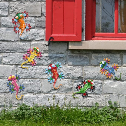 YEAHOME 6 Pack Metal Geckos Inspirational Wall Art, Mexican Outdoor Wall Decor with Shaking Head, Lizard Wall Sculptures & Statues for Farmhouse, Porch, Patio, Lawn, Fence