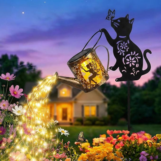 Solar Watering Can Lights with Fairy & Flowers, Outdoor Garden Decor with Cascading String Lights, Waterproof Solar Powered Hanging Lantern for Patio Yard Pathway, Gift for Mom Cat Lovers Gardeners