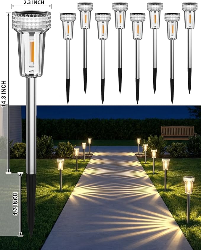 DERAYSION Solar Lights Outdoor, 8 Pack Solar Pathway Lights Dusk-to-Dawn Garden Lighting, Waterproof LED Stainless Steel Pole, Outdoor Solar Lights for Path Walkway Yard Driveway Decor - Warm White