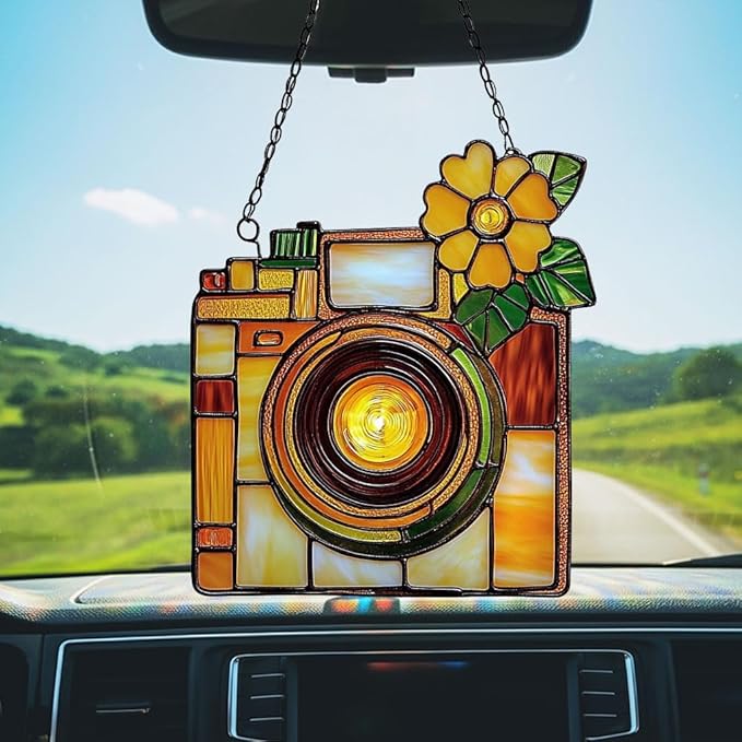 Vintage Retro Camera Acrylic Suncatcher Stained Glass Effect Window Car Hanging Christmas Ornament Indoor Outdoor Decor Garden Sun Catcher Panel for Acrylic Suncatcher Lover for Women Mom Grandma