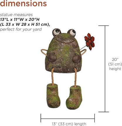Alpine Corporation MCC834 Indoor/Outdoor Frog with Flower Garden Statue, Playful Frog Statue for Yard, 20" H, Green