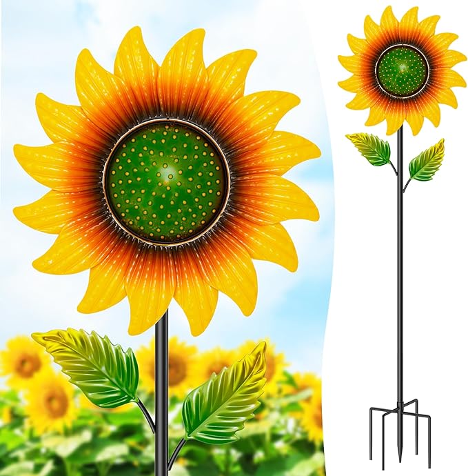 Sunflower Wind Spinners Outdoor, 46.7" H x 12.6" W Metal Wind Sculptures & Spinners with 5 Prong Stake, Garden Windmill for Yard Lawn Patio Art Decor Yellow