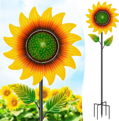 Sunflower Wind Spinners Outdoor, 46.7" H x 12.6" W Metal Wind Sculptures & Spinners with 5 Prong Stake, Garden Windmill for Yard Lawn Patio Art Decor Yellow