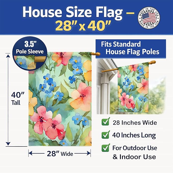 Caroline's Treasures Alaska Forget-me-nots in Watercolor House Flag Large Porch Sleeve Pole Decorative Outside Yard Banner Artwork Wall Hanging, Polyester, House Size, Multicolor