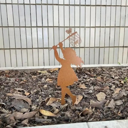 Metal Garden Sculpture Boy Girl Art Silhouette Garden Decor Stakes Iron Outdoor Statues Halloween Yard Decoration (Girl-Large)