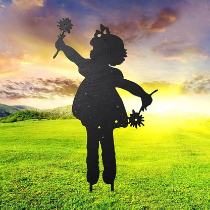 Iron Children Chasing Butterfly Statues Rustic Kids Silhouette Garden Yard Stakes Art Patio Porch Lawn Ornaments (2pcs Girls A)