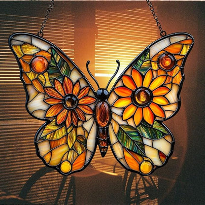 Sunflower of Hope Monarch Acrylic Suncatcher Stained Glass Effect Window Car Hanging Christmas Ornament Indoor Outdoor Decor Garden Sun Catcher Panel for Butterfly Lover for Women Mom Grandma