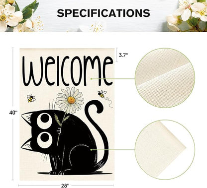 AVOIN colorlife Black Cat Spring Summer House Flag 28x40 Inch Double Sided Outside, Seasonal Daisy Welcome Yard Outdoor Flag