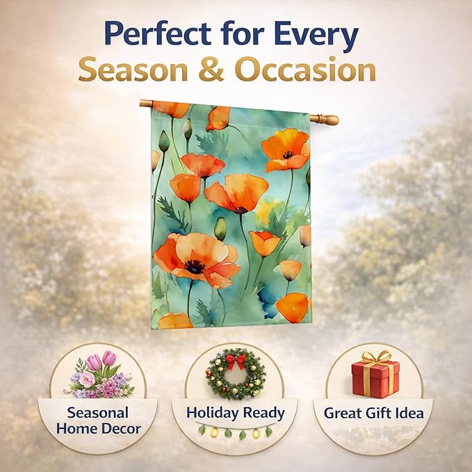 Caroline's Treasures California California Poppies in Watercolor House Flag Large Porch Sleeve Pole Decorative Outside Yard Banner Artwork Wall Hanging, Polyester, House Size, Multicolor