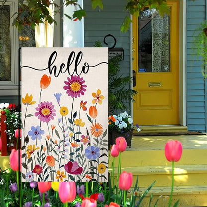 Hello Spring Floral Garden Flag 12x18 Vertical Double Sided Colorful Flowers Summer Farmhouse Holiday Outside Decorations Burlap Yard Flag BW257