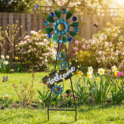 TERESA'S COLLECTIONS Hummingbird Garden Solar Stake, Wind Spinner Yard Art Sign for Outdoor Decor, Metal Purple Floral Windmill Decorative Garden Stake for Lawn Ornaments, Gifts for Mom, 26''