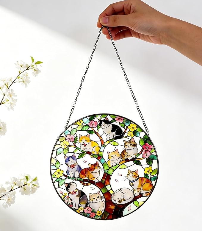 Stained Glass Window Hanging - A Few Kittens in Colorful Tree of Life on a Branch Suncatcher for Doors Home Decoration and Christmas, Mother's Day Birthday for Women Men Mom 6.3x6.3 inch