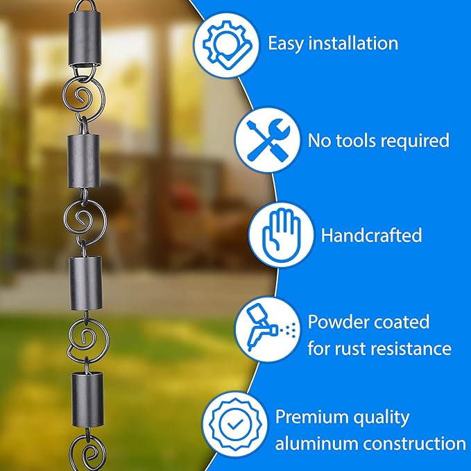 RainChains Pacific Spiral Rain Chain 8.5ft Black Aluminum Premium Rain Chains for Gutters Decorative Chain.