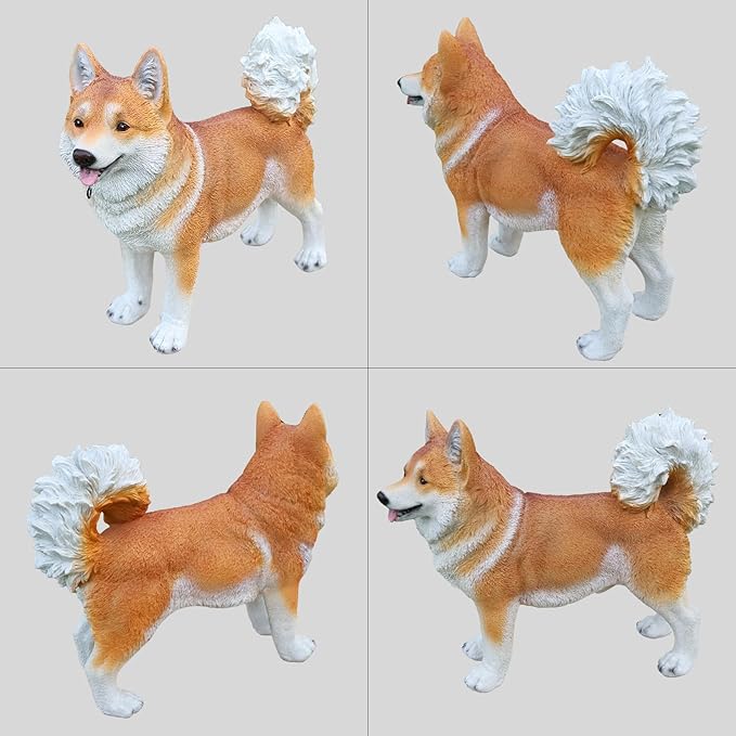 Akita Dog Garden Statue with Solar Lantern & Double-Sided Welcome Sign, Cute Shiba Inu Outdoor Decor Figurine for Patio Lawn Yard, Waterproof Resin Animal Sculpture, Dog Lover Gift