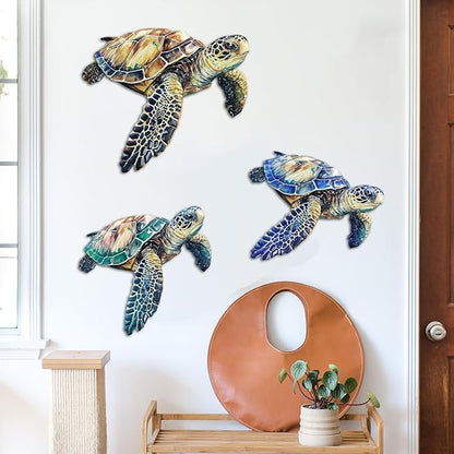 Metal Turtle Wall Decor Outdoor Turtle Coastal Ocean Sea Wall Art Sculptures Hanging Decorations for Bedroom, Living Room, Garden, Fence, Patio Set of 3