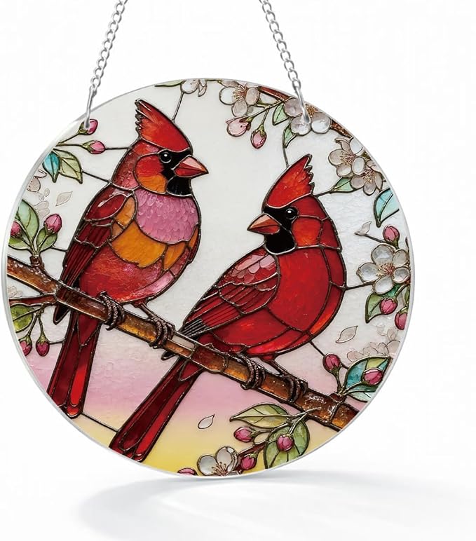 2 Cardinals Acrylic Suncatcher, Red Birds Suncatcher Wall Art, Hand-Painted Sun Catcher Garden Hangings, Decorative Hanging Suncatchers for Window Door Decoration, Memorial Gift