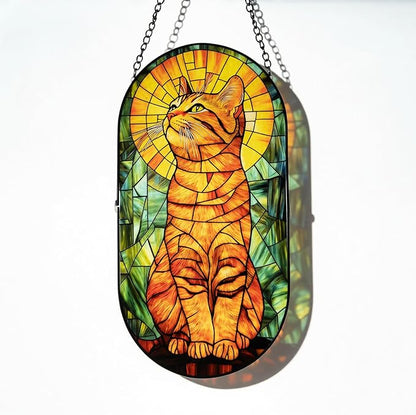 Stained Glass Window Hanging - Oval Orange Cat Sun Catcher, Suncatchers Ornaments Decor for Indoor Cling Garden, Birthday Gifts for Women Men Mom Wife Home Art Decor 7.8in