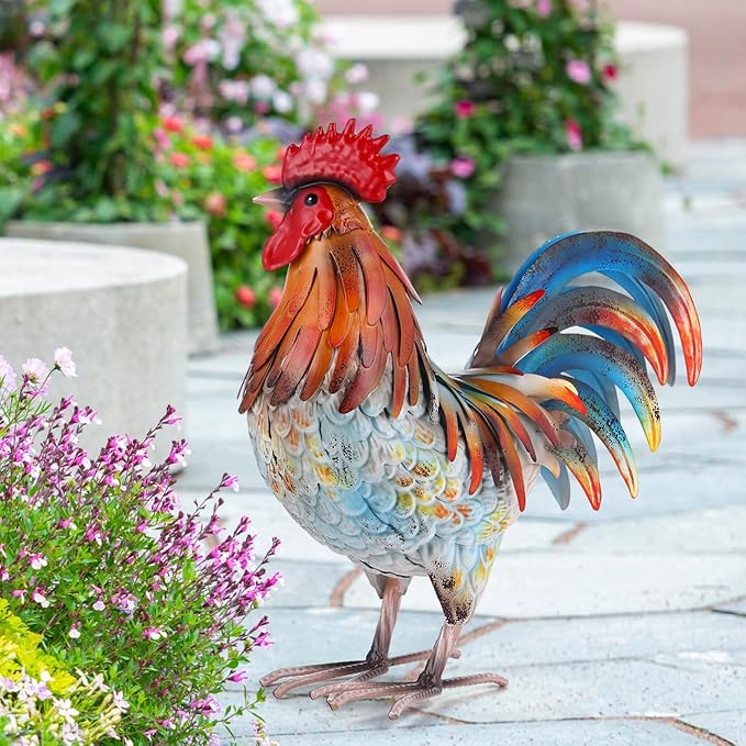 Ratuor Metal Rooster Decor Garden Statue,Yard Chicken Decorations Outdoor Sculpture for Backyard Patio Kitchen Lawn Ornaments,Birthday Housewarming Gifts for Women Mom