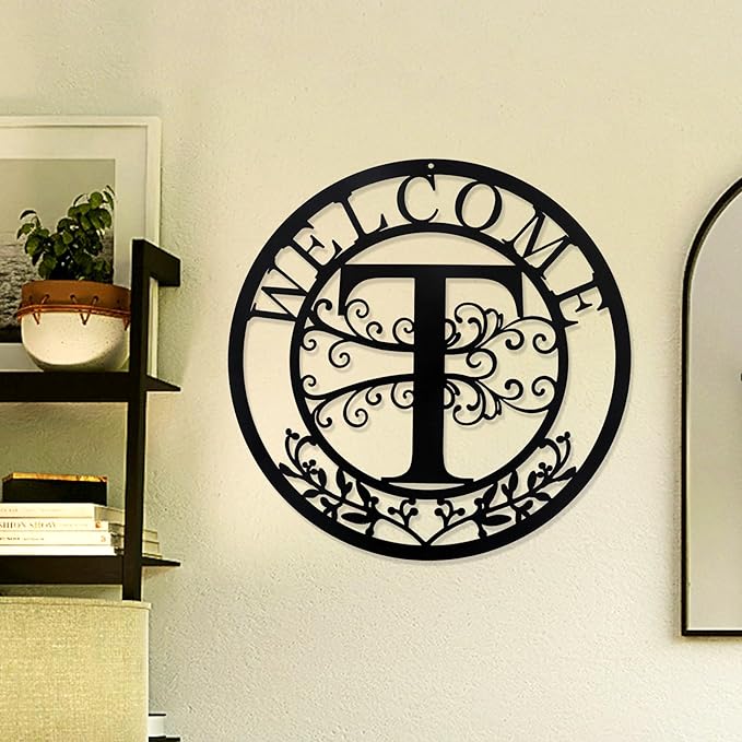 Metal Monogrammed Initial Welcome Sign, Metal Letter Wall Art Decor, Name Sign for Home Porch Front Door Outdoor (T)