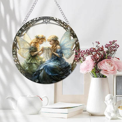 1PC Flower Fairy Acrylic Stained Glass Suncatcher Nature Round Flowers and Girls Suncatcher Hanging Decoration with Metal Chain-SunCatchers for Window Decor Outdoor Garden Decor Gift (A)