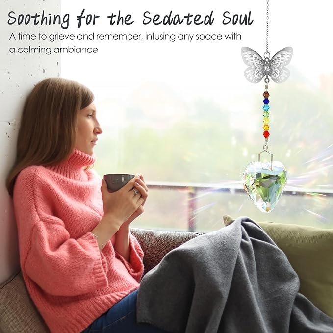 Merrynine Crystal Suncatcher, K9 Crystal Sun Catcher for Window Prism Ball, Unique Pendant Gift, Rainbow Maker with Butterfly Chain for Easy Hanging Indoor Outdoor Decoration (Butterfly Heart)