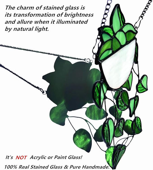 Green Faux Plants Stained Glass Window Hanging Suncatcher, Artificial Plants Decor Gift for Women, Stain Glass Sun Catchers Indoor Window, Handcrafted Home Wall Art Decoration Ornament.