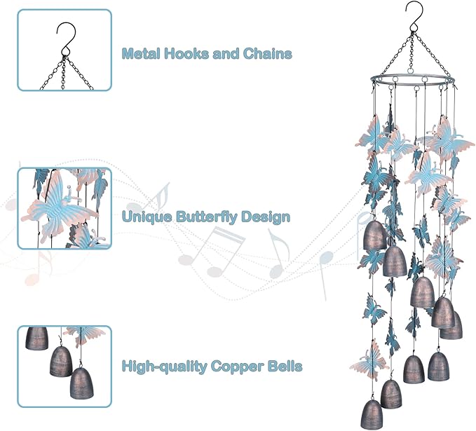 Taman Wind Chime - 30" Butterfly Metal Wind Chimes Valentine's Day Gift for Outside Memorial Sympathy Gift for Home, Outdoor, Yard, Patio,Garden Decor