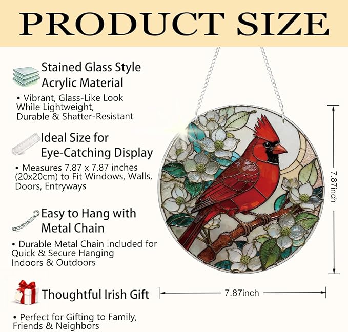 Cardinal Window Hanging Suncatcher, Indoor Window Wall Art, Cardinal Remembrance Gifts, Cardinals Memorial Gifts for Loss of Loved One, Women Grandma Mom, Mothers Day Birthday