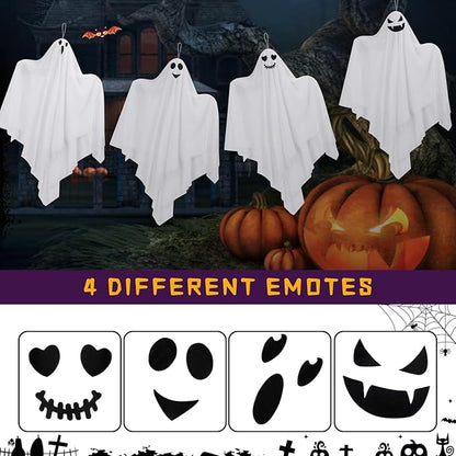 4 Pack Halloween Hanging Ghosts Decor, Hanging Halloween Decorations Outdoor, Halloweens Flying Ghost for Front Yard Porch Patio Lawn Garden Trees Party Décor and Holiday Halloweens Hang Decorations
