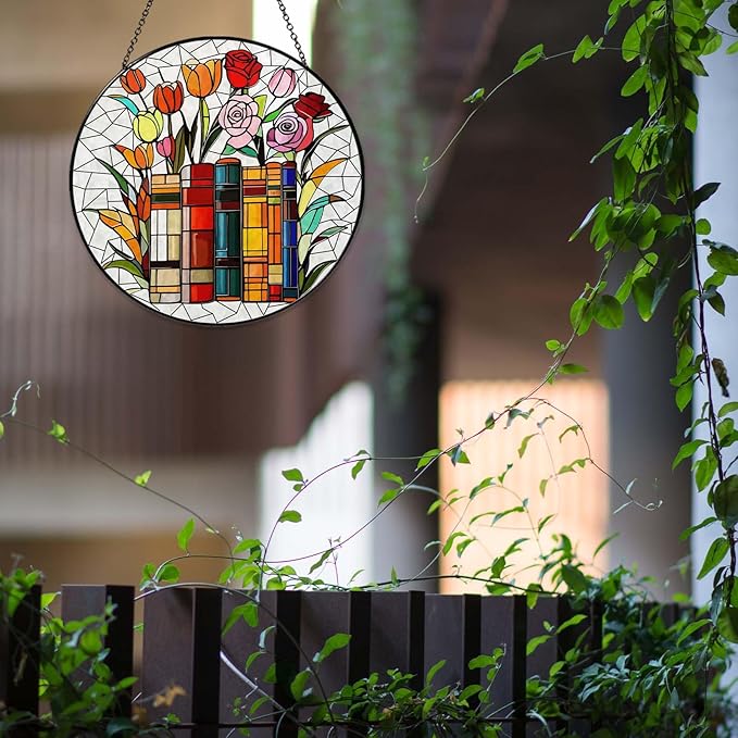Flower Book Stained Glass Window Hanging 6'' Sun Catcher Book Club Lover Gifts for Women Reading Room Decor Handmade SunCatcher Decoration for Garden Home Bookish Library Decor