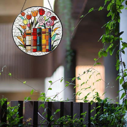 Flower Book Stained Glass Window Hanging 9.8'' Sun Catcher Book Club Lover Gifts for Women Reading Room Decor Handmade SunCatcher Decoration for Garden Home Bookish Library Decor