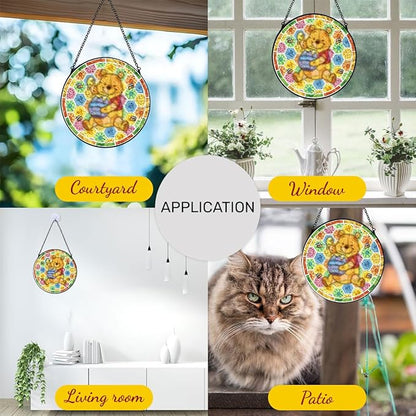 GENANY Honey Bear Glass Window Hanging, Spring Sun Catcher with Metal Chain and Hook, Romantic Gifts for Women Friends Family, Garden Decor, Housewarming Gifts, Outdoor Decor
