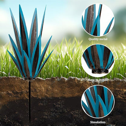 2PCS Large Tequila Rustic Sculpture, Wind Resistant Metal Agave Plants Garden Art for Outdoor Home Decor, DIY Hand Painted Metal Agave Yard Sculpture Statue Garden Lawn Ornament Gift (2, Blue)