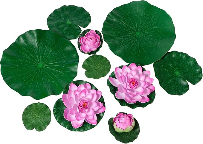 Fake Lily Pads, 10 PCS Artificial Lotus with Water Lily Pad, Realistic Water Floating Foam Lotuses Pads, Pink Artificial Floating Lotus Decor with Pad for Home Outdoor Ponds