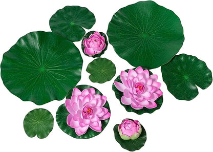 Fake Lily Pads, 10 PCS Artificial Lotus with Water Lily Pad, Realistic Water Floating Foam Lotuses Pads, Pink Artificial Floating Lotus Decor with Pad for Home Outdoor Ponds