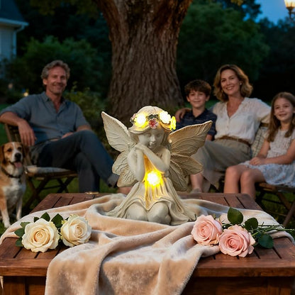 Solar Angel Garden Statue Outdoor Decor, Angel Figurines with Garland Flower Light, Cemetery Decoration for Grave, Yard, Patio, Balcony, House Warming Birthday Gifts for Women, Mom, Grandma