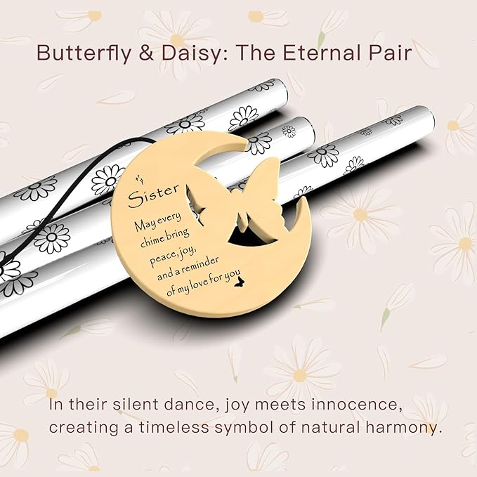 Sister Gifts, Sister Birthday Gift from Sister, 32" Daisy Print Modern Wind Chimes with Butterfly Pendant, Best Sister Ever Gift for Women Birthday Wedding Mother's Day (for Sister)