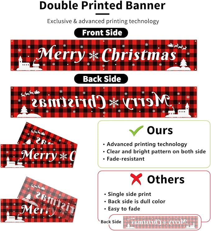Probsin Large Merry Christmas Banner 120" x 20" Double Printed Xmas Decoration Red Buffalo Plaid Hanging Huge Sign Holiday Party Supplies Home Decor for Outdoor,Indoor,Yard,Garden,Porch,Lawn