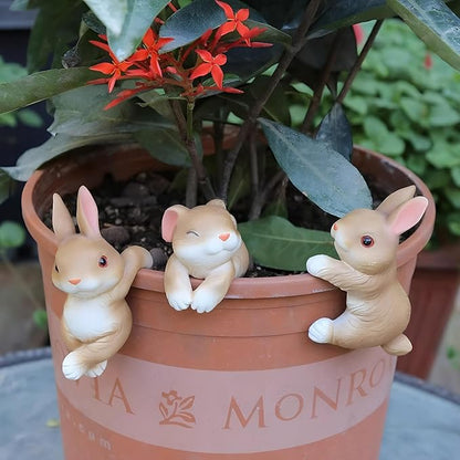 Set of 3 Cute Bunny Figurines Hanging Animal Statue, Climbing Statue and Vase Miniature Fairy Garden Terrarium Decor, Art Patio Lawn Yard Outdoor Fence Rabbit Hanger Animal Ornament