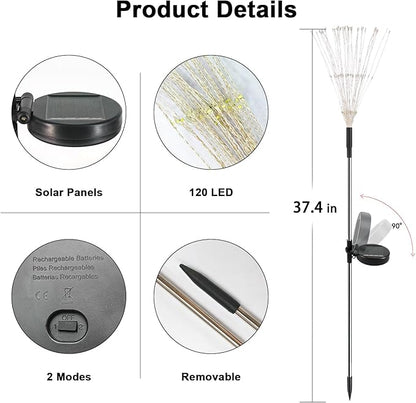 Solar Garden Lights Outdoor, 2 Pack 120 LED Twinkling Firework Lights Decorative with 2 Modes, Outdoor Waterproof Solar Starburst Light for Outside Yard Pathway Garden Decor, White