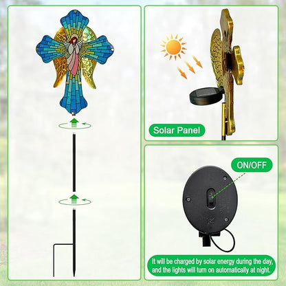Solar Cross Garden Stake Lights for Outdoor,Cemetery Decorations Yard Patio Decor,Angel Wings Cross Solar Christmas Lights Outside,Memorial Gifts