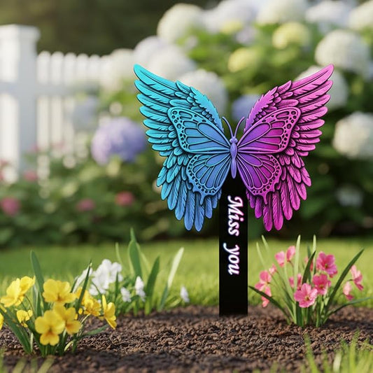 Butterfly Memorial Garden Stake - Metal Miss You Grave Decorations for Cemetery - Sturdy Thickened Remembrance Plaque, Vibrant Sympathy Gift for Loss of Loved One, Cemetery Grave Marker